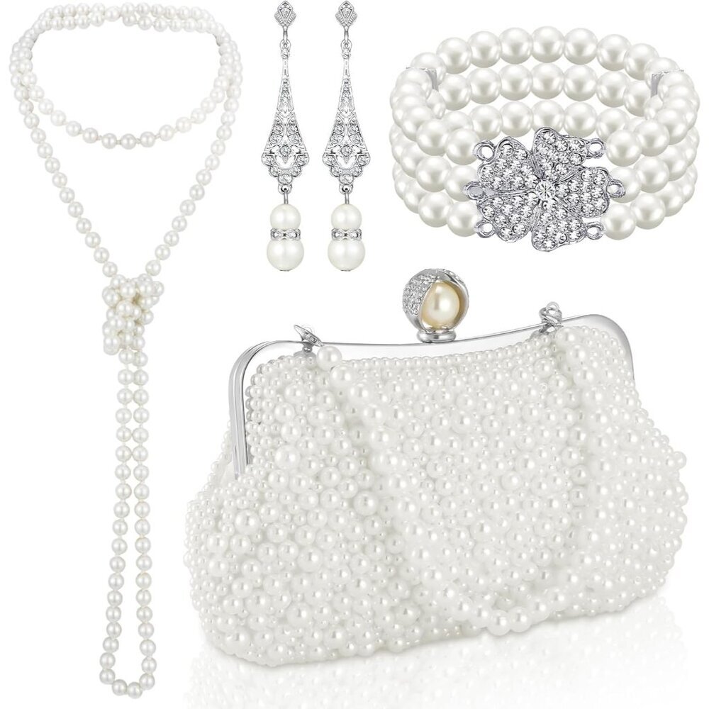 1920s Vintage Pearl Jewelry Set for Women - Necklace, Earrings & Bracelet